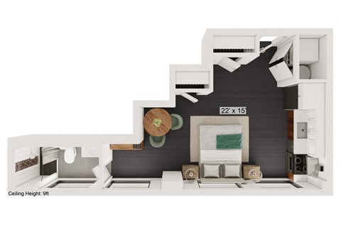 Floor plan for studio, 1 bath, 398 sqft